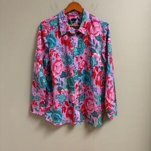 Talbots Women Floral Button Up Top Size XL Lightweight Artsy Hippie Boho Office